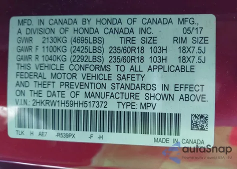 2017 Honda Cr-V Ex from USA, damaged, VIN 2HKRW1H59HH517372